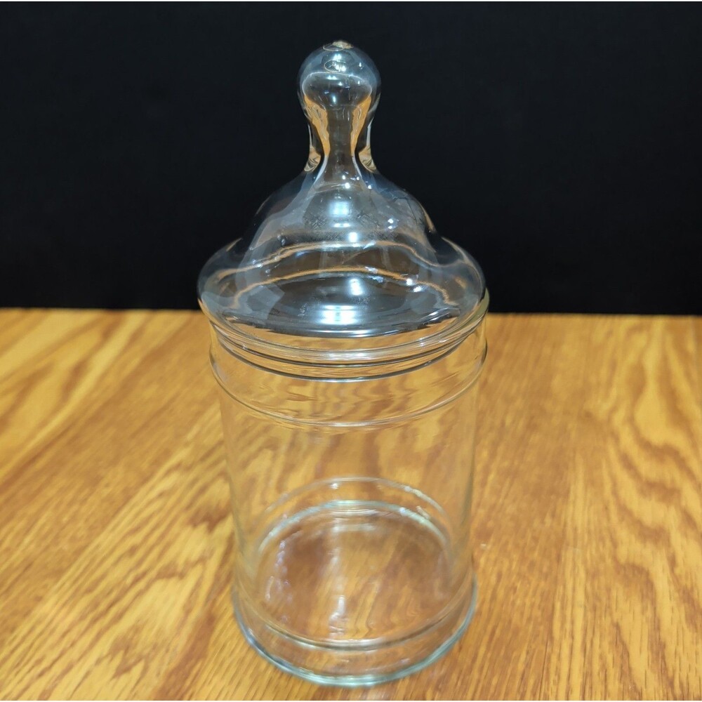Vintage Clear Glass Apothecary Jar Teardrop Finial Lid Candy Dish Storage 8.5"